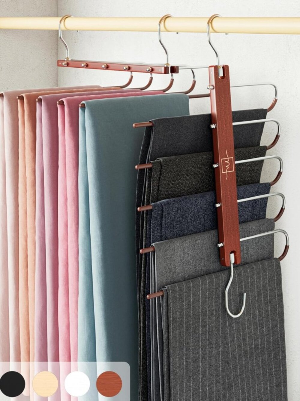 Space-Saving Pants Hangers - 2 Pack Beechwood Jean & Scarf Organizer with 360°